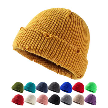 Wholesale Private Label Custom Worn Out Short Cuff Knit Hat Roll-up Edge Skull Cap Men Women Distressed Fisherman Beanie