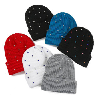 Wholesale Luxury Fashion Streetwear Crystal Pearls Color Rhinestone Winter Warm Knitted Hat Beanie Cap with Custom Logo