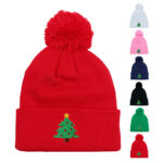 Wholesale Stock Unisex Christmas Beanies Hats Winter Knitted Pom Pom Beanies Cap with Custom Logo Embroidery