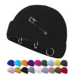 Custom Logo Distressed Beanie Hat for Men Women,Outdoor Winter Warm Short Cuff Knit Fisherman Hat with Broken Hole Pin