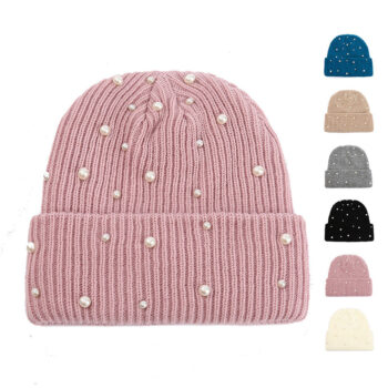 Wholesale Winter Warm Thick Solid Color Women Ribbed Acrylic Cuffed Pearl Knitted Beanie Hat Cap with Pearls