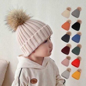 Custom Logo Knitted Beanie Cap High Quality Faux Fur Winter Hats With Pom Pom for Kid Children