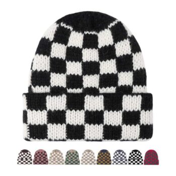 Wholesale Custom Logo Checkerboard Plaid Ribbed Winter Warm Cuffed Knitted Hat Beanie for Men Women